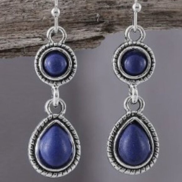Retro Teardrop & Round Blue Synthetic Gems Dangle Earrings Zinc Alloy / Iron - Picture 2 of 4